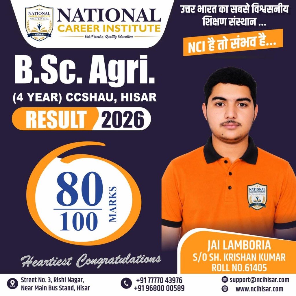 Jai Lamboria — B.Sc. Agri. CCSHAU Hisar Result 2026, 80/100 marks
